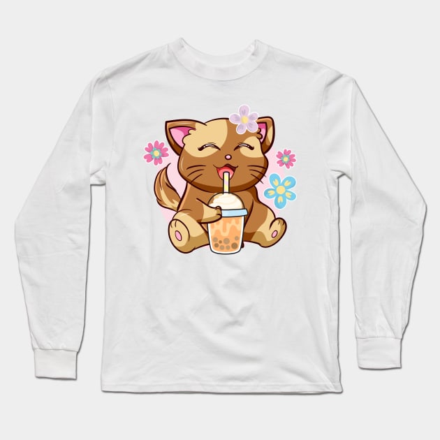 Boba Cat Tea Neko Girl Teen Bubble Kawaii Anime Japanese Long Sleeve T-Shirt by jodotodesign